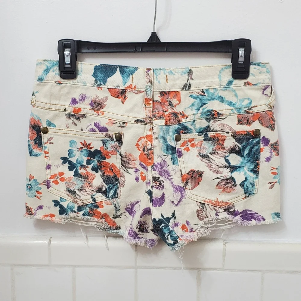 Free People Floral Denim Cutoff Shorts Turquoise Combo 26